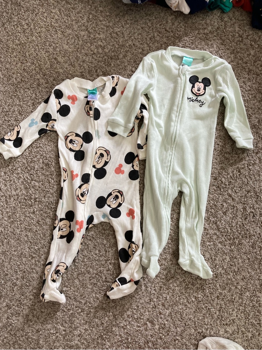 Mickey Mouse Green and Ivory Baby One-Piece Sleepers - 2-Pack